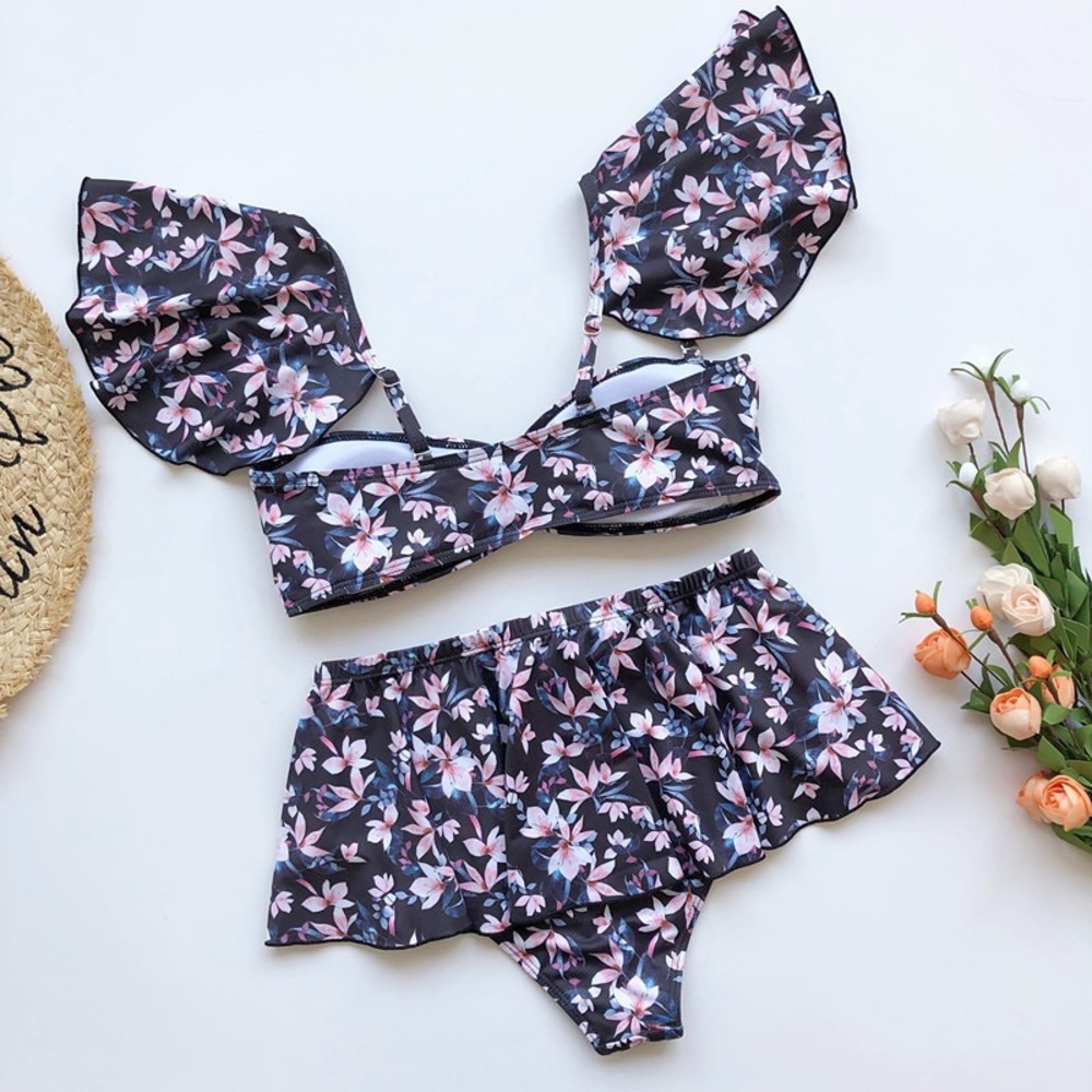 β±π¬O Ring Floral Ruffle Bikini Set Swimwear - Picture 3 of 4